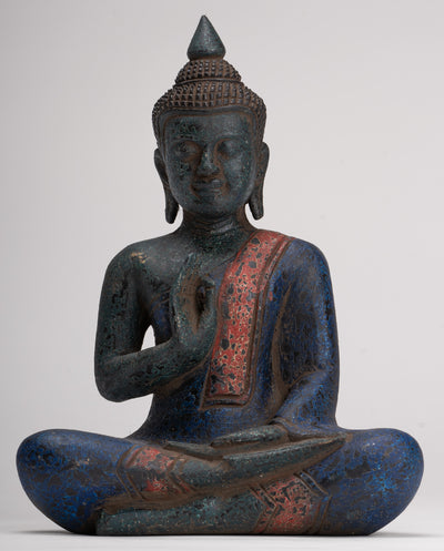 Buddha Statue - Antique Khmer Style Cambodia Seated Wood Buddha Statue Teaching Mudra - 27cm/11"