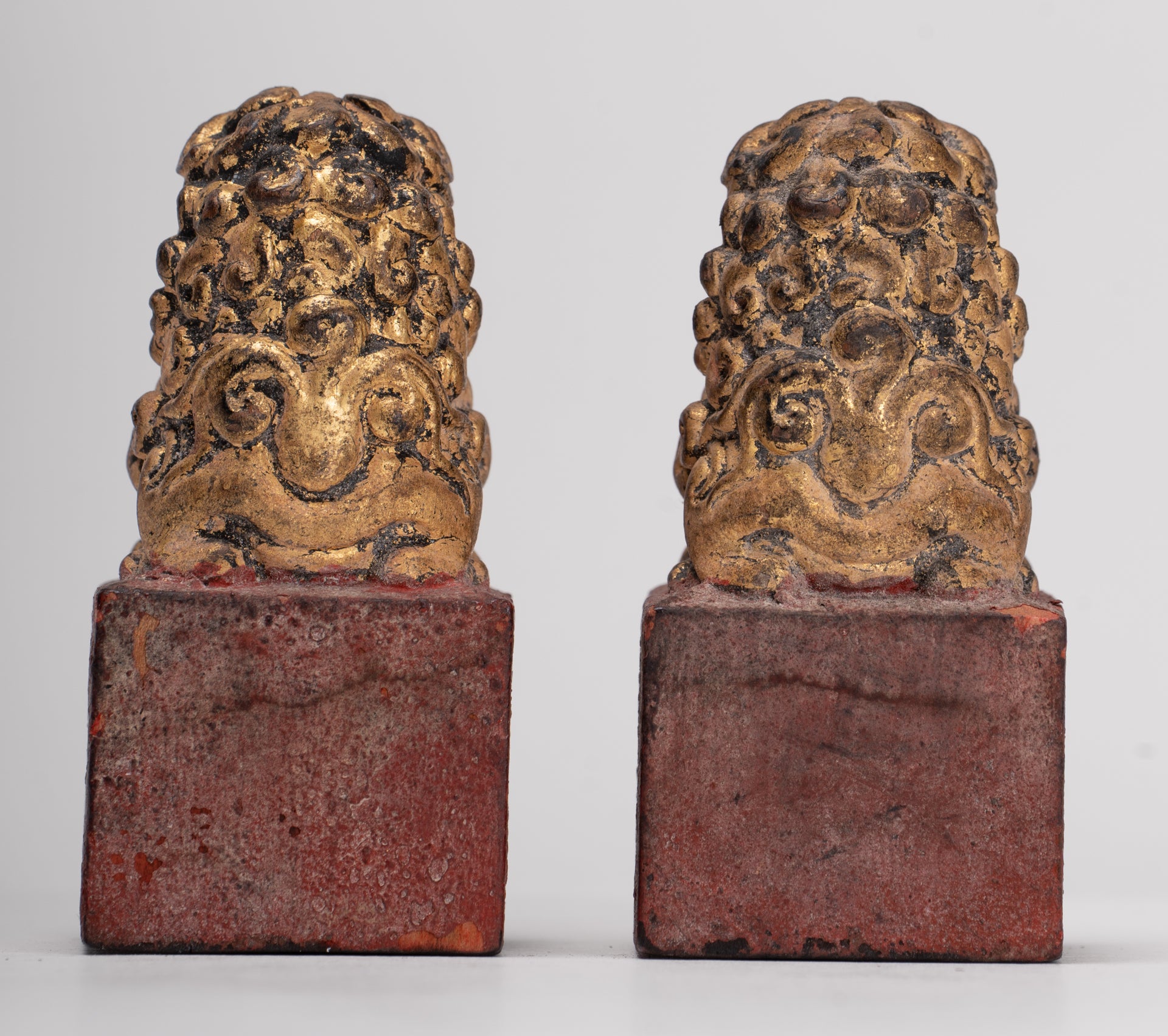 Antique Chinese Style Wood Temple Guardian Lions Shishi Lions Foo Dogs Imperial Lions (Pair) - 8cm/3"