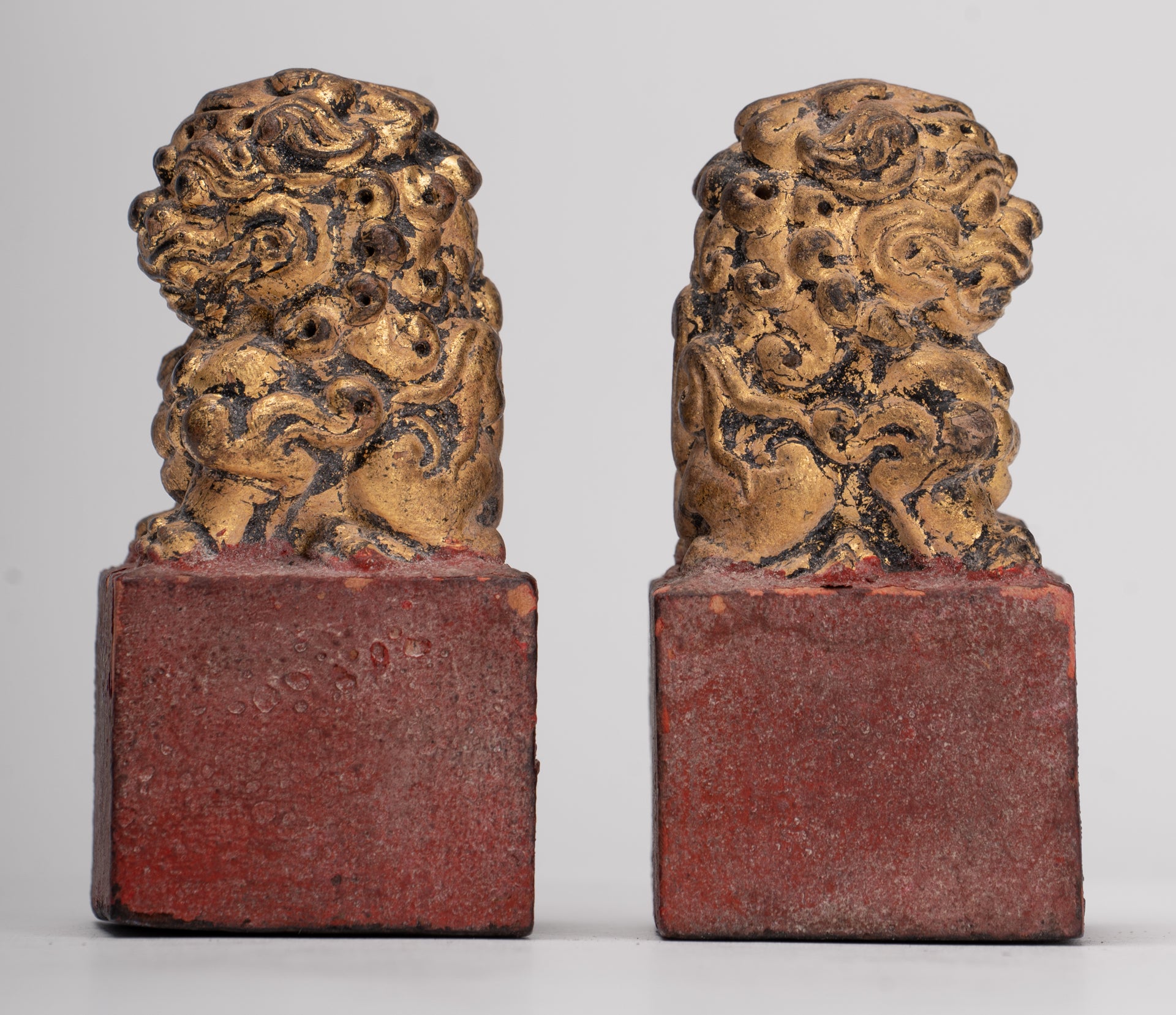 Antique Chinese Style Wood Temple Guardian Lions Shishi Lions Foo Dogs Imperial Lions (Pair) - 8cm/3"