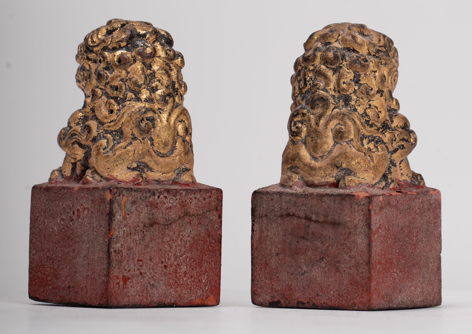 Antique Chinese Style Wood Temple Guardian Lions Shishi Lions Foo Dogs Imperial Lions (Pair) - 8cm/3"