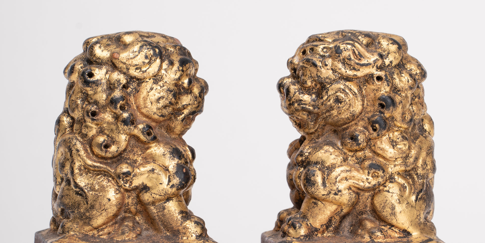 Antique Chinese Style Wood Temple Guardian Lions Shishi Lions Foo Dogs Imperial Lions (Pair) - 9.5cm/4"