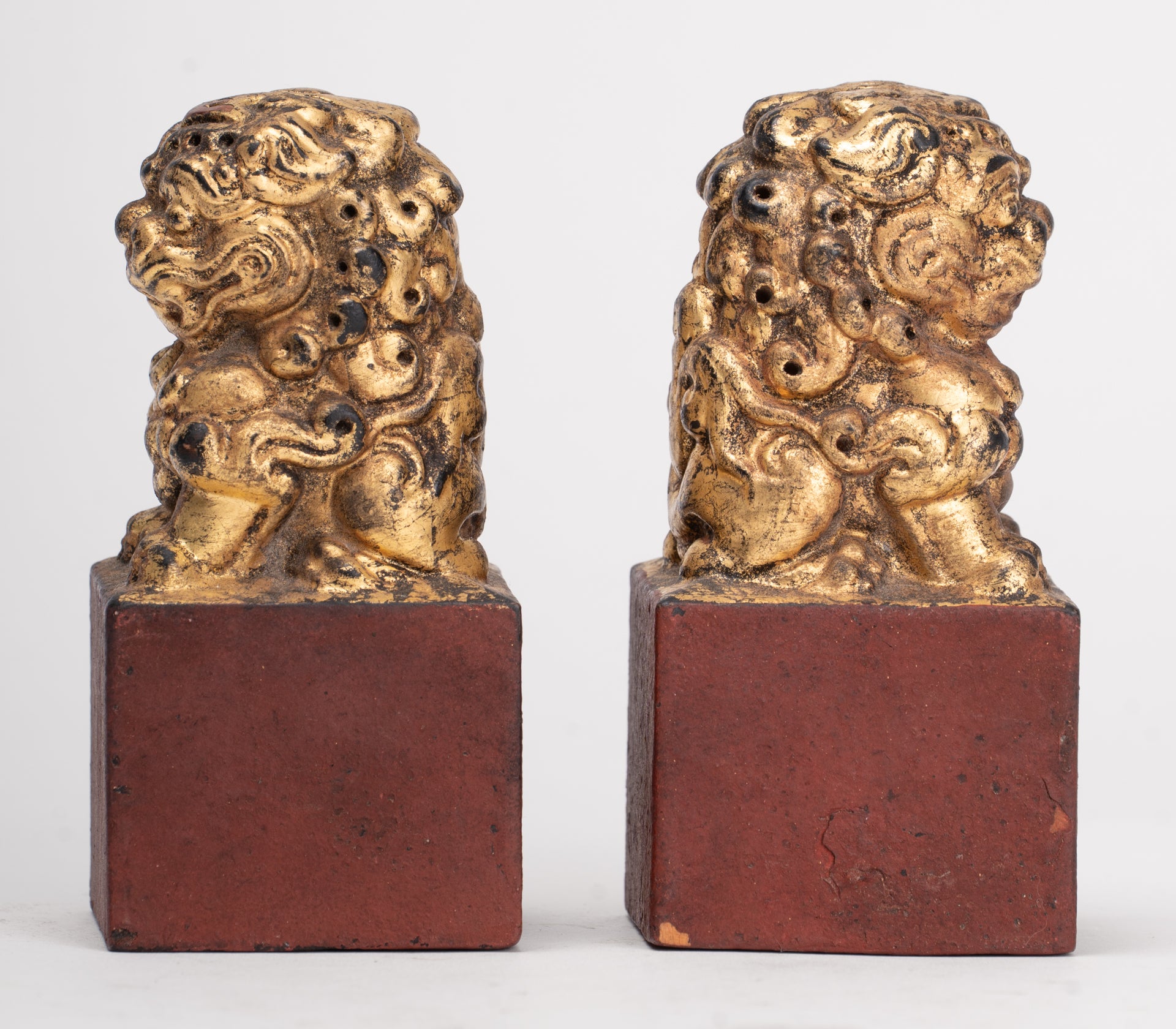 Antique Chinese Style Wood Temple Guardian Lions Shishi Lions Foo Dogs Imperial Lions (Pair) - 9.5cm/4"