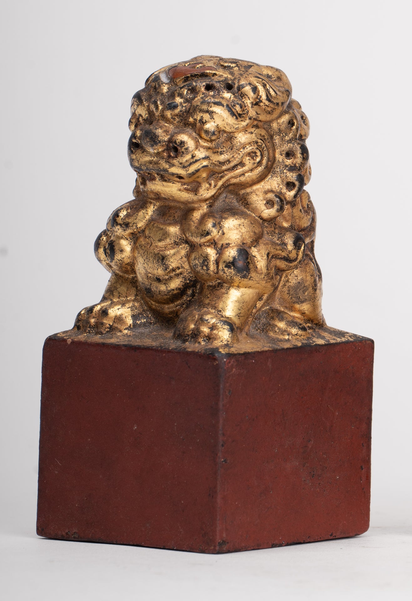 Antique Chinese Style Wood Temple Guardian Lions Shishi Lions Foo Dogs Imperial Lions (Pair) - 9.5cm/4"