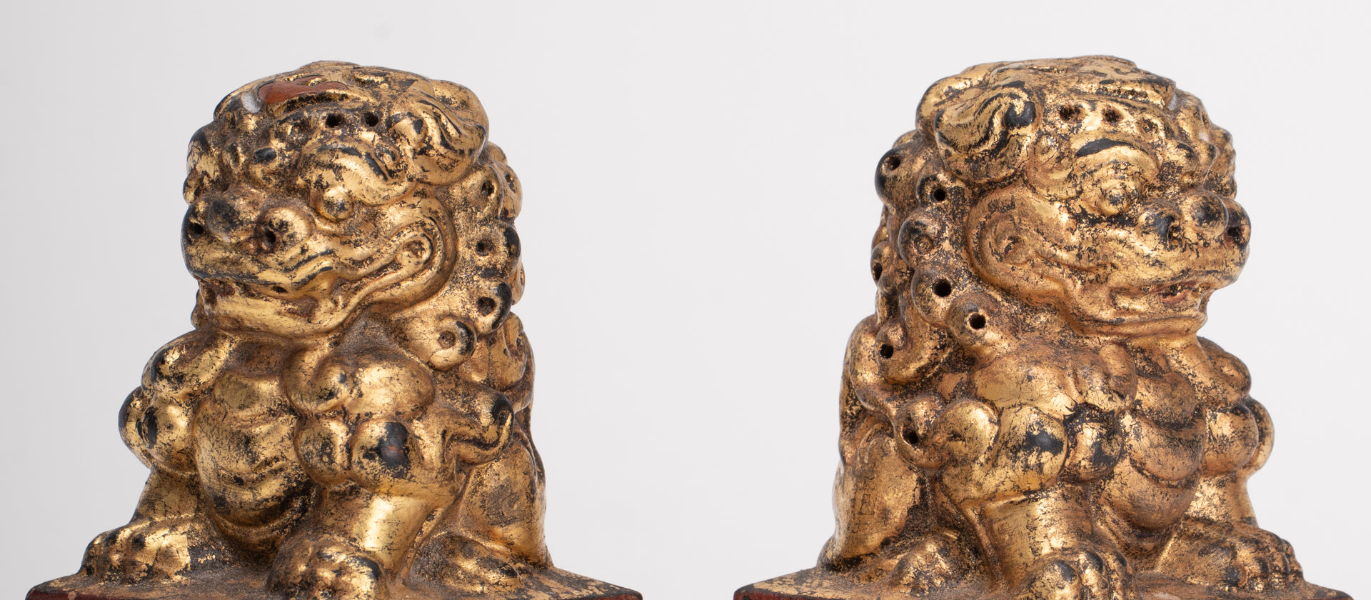 Antique Chinese Style Wood Temple Guardian Lions Shishi Lions Foo Dogs Imperial Lions (Pair) - 9.5cm/4"