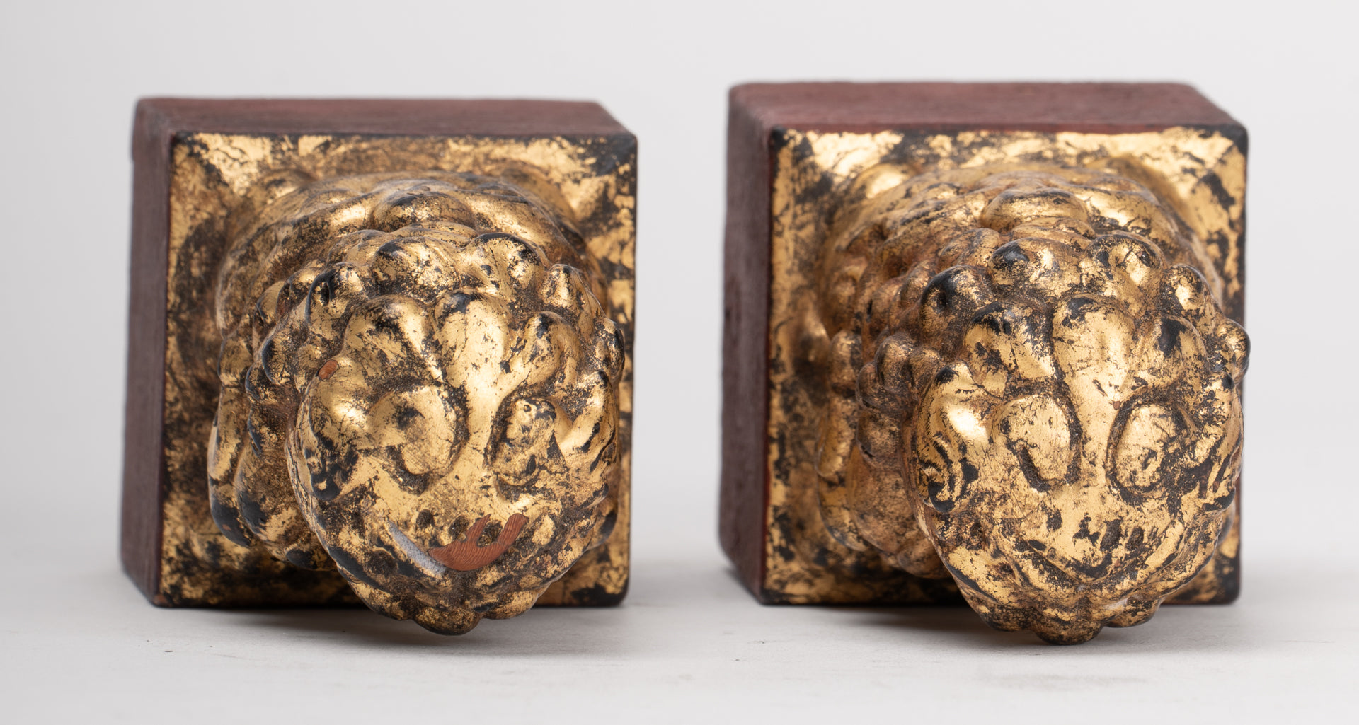 Antique Chinese Style Wood Temple Guardian Lions Shishi Lions Foo Dogs Imperial Lions (Pair) - 9.5cm/4"