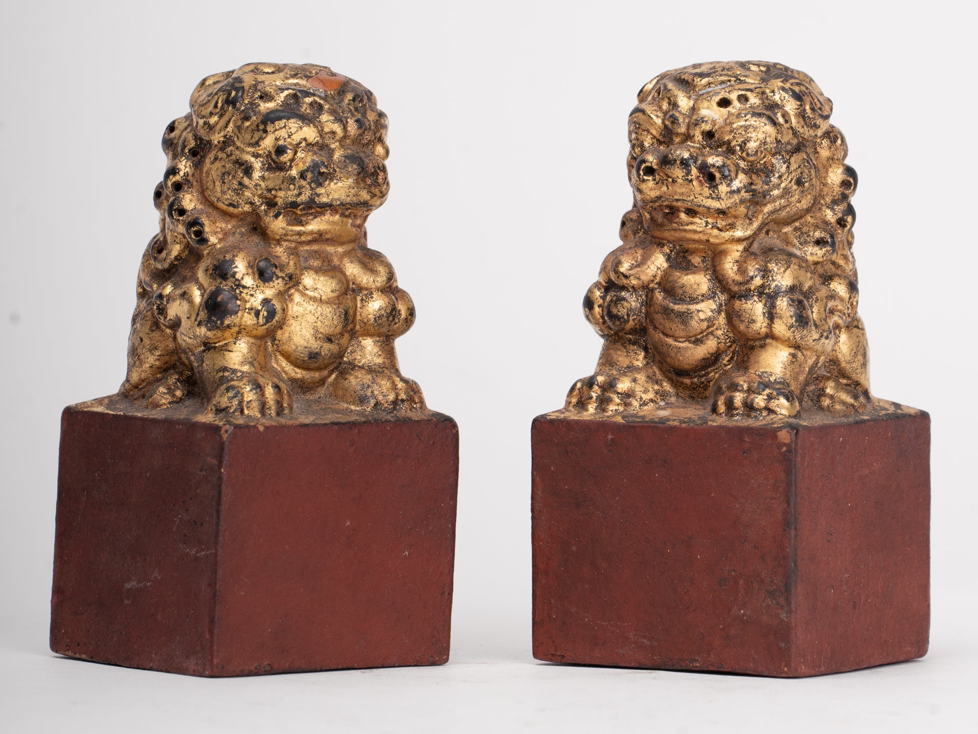 Antique Chinese Style Wood Temple Guardian Lions Shishi Lions Foo Dogs Imperial Lions (Pair) - 9.5cm/4"