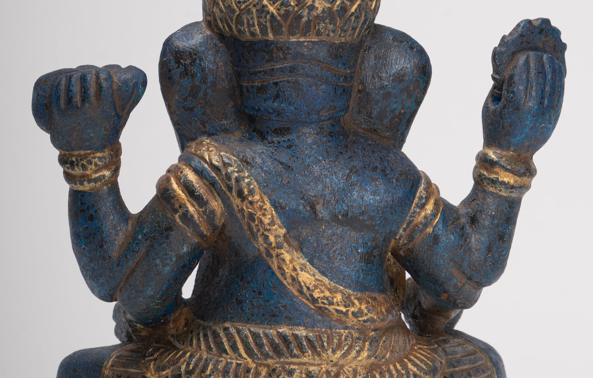 Ganesh Statue - Antique Khmer Style Seated Wood Ganesha Statue - 22cm/9"