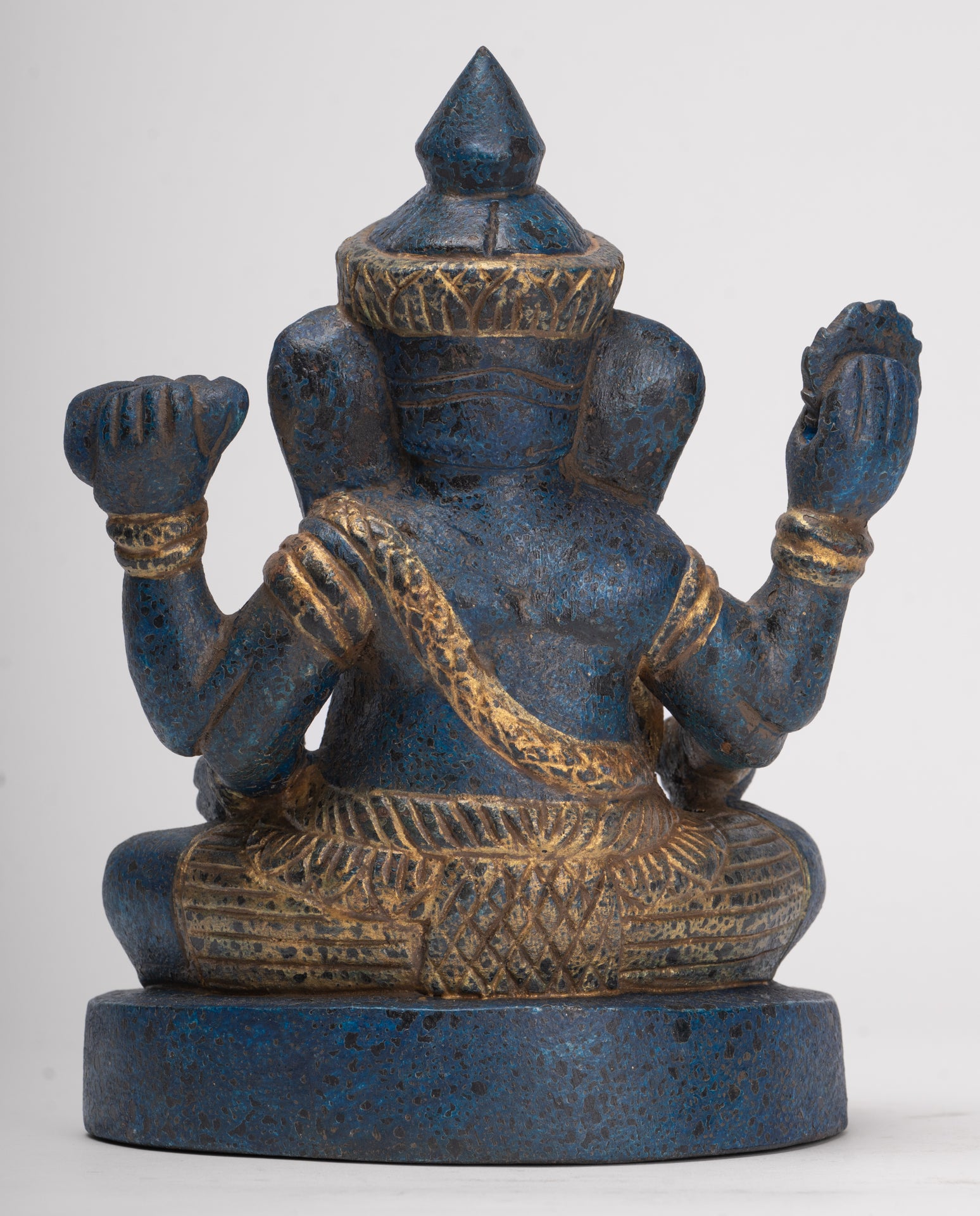 Ganesh Statue - Antique Khmer Style Seated Wood Ganesha Statue - 22cm/9"