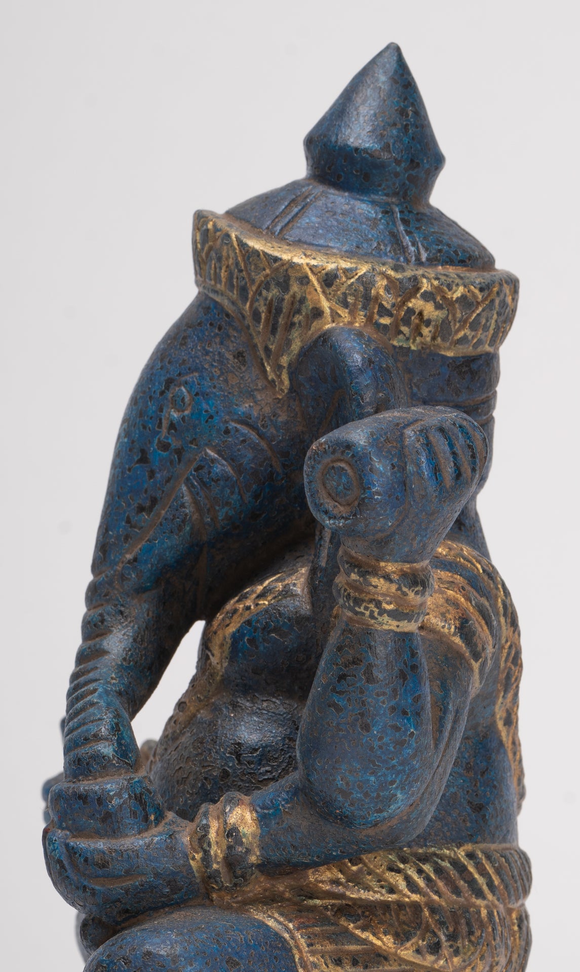 Ganesh Statue - Antique Khmer Style Seated Wood Ganesha Statue - 22cm/9"