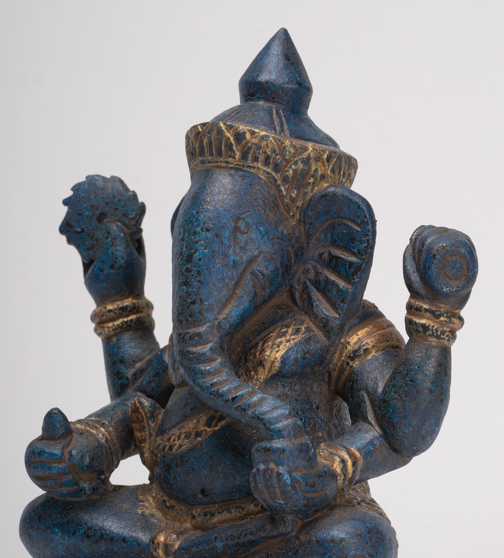 Ganesh Statue - Antique Khmer Style Seated Wood Ganesha Statue - 22cm/9"
