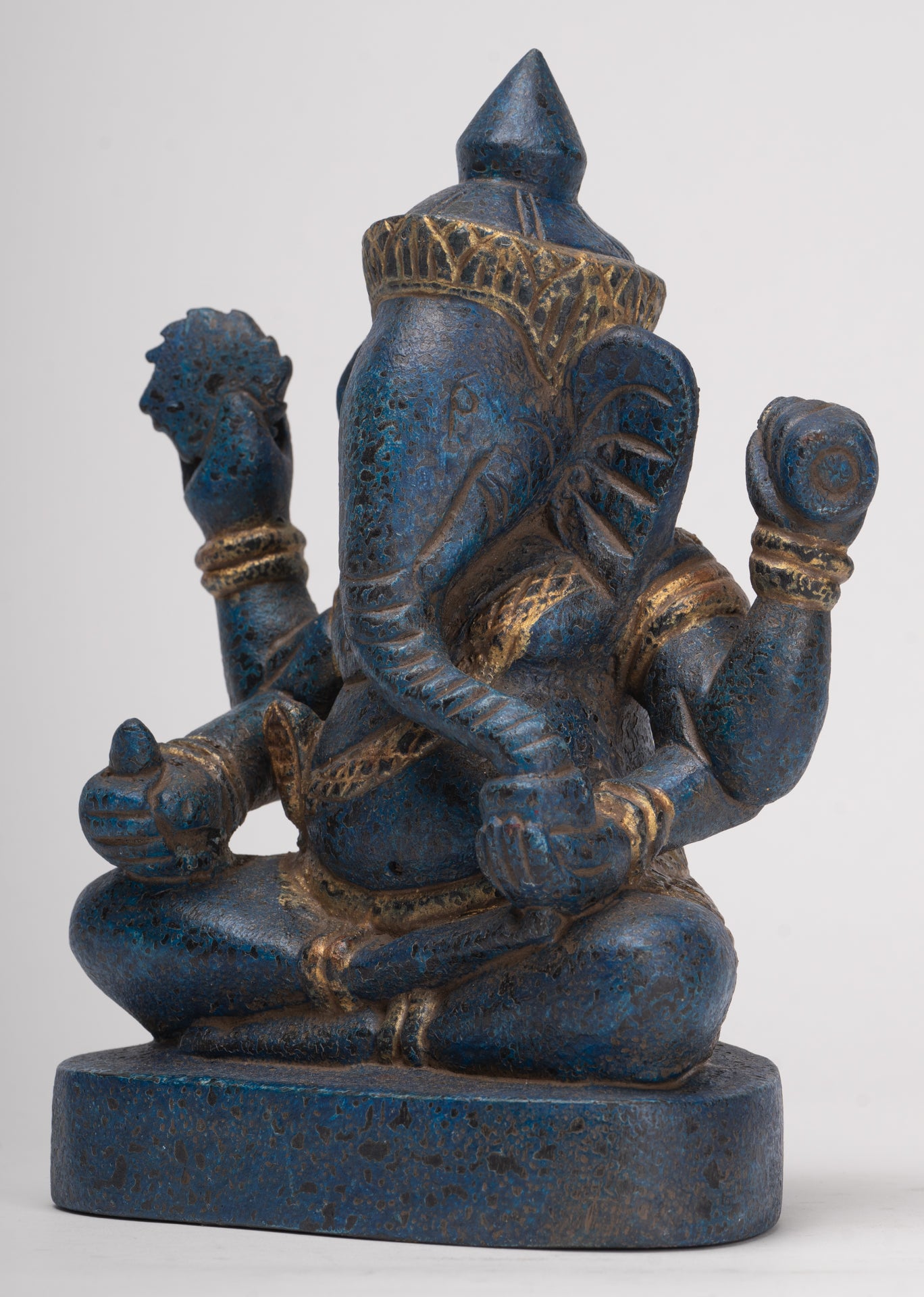 Ganesh Statue - Antique Khmer Style Seated Wood Ganesha Statue - 22cm/9"
