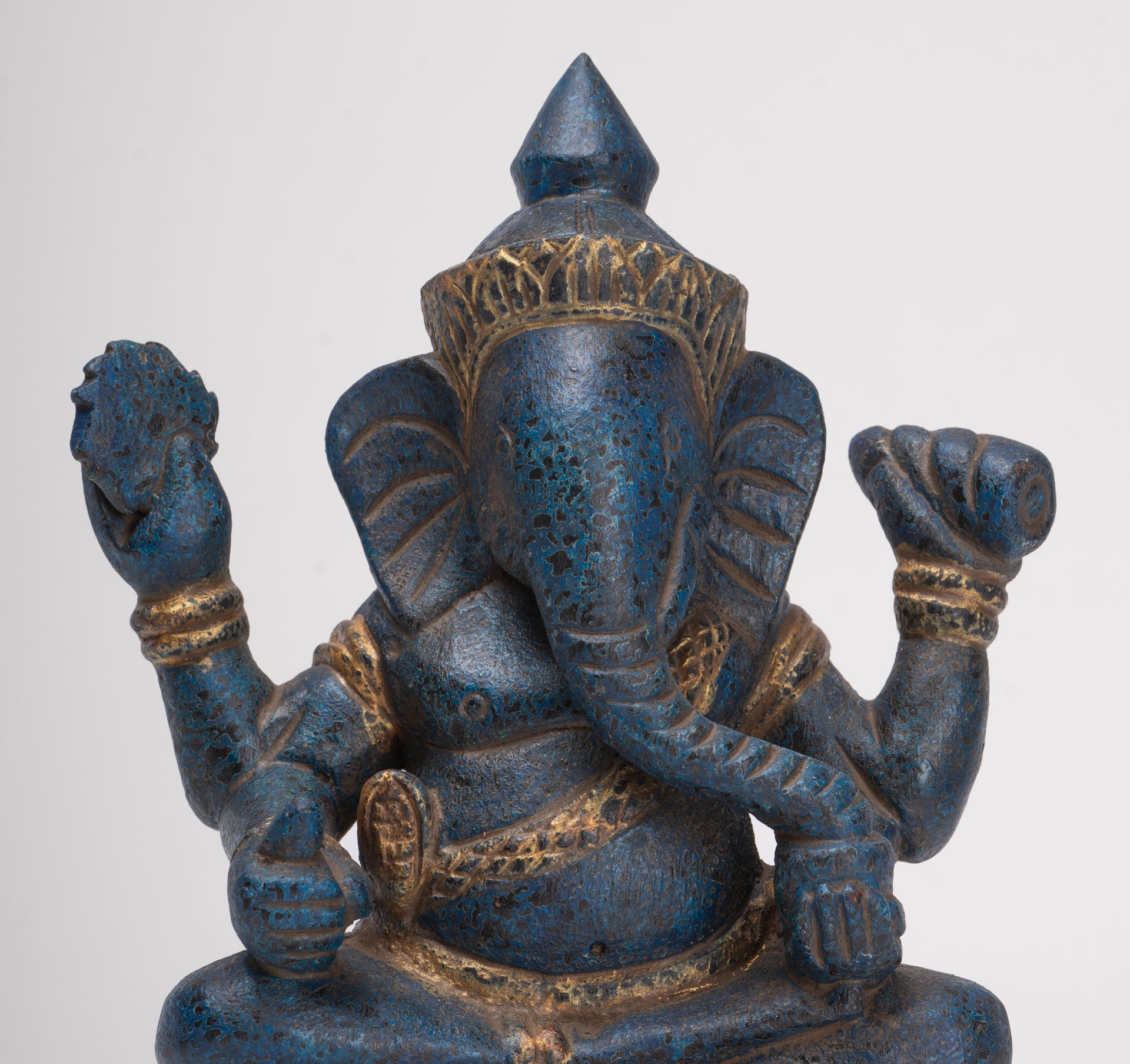 Ganesh Statue - Antique Khmer Style Seated Wood Ganesha Statue - 22cm/9"