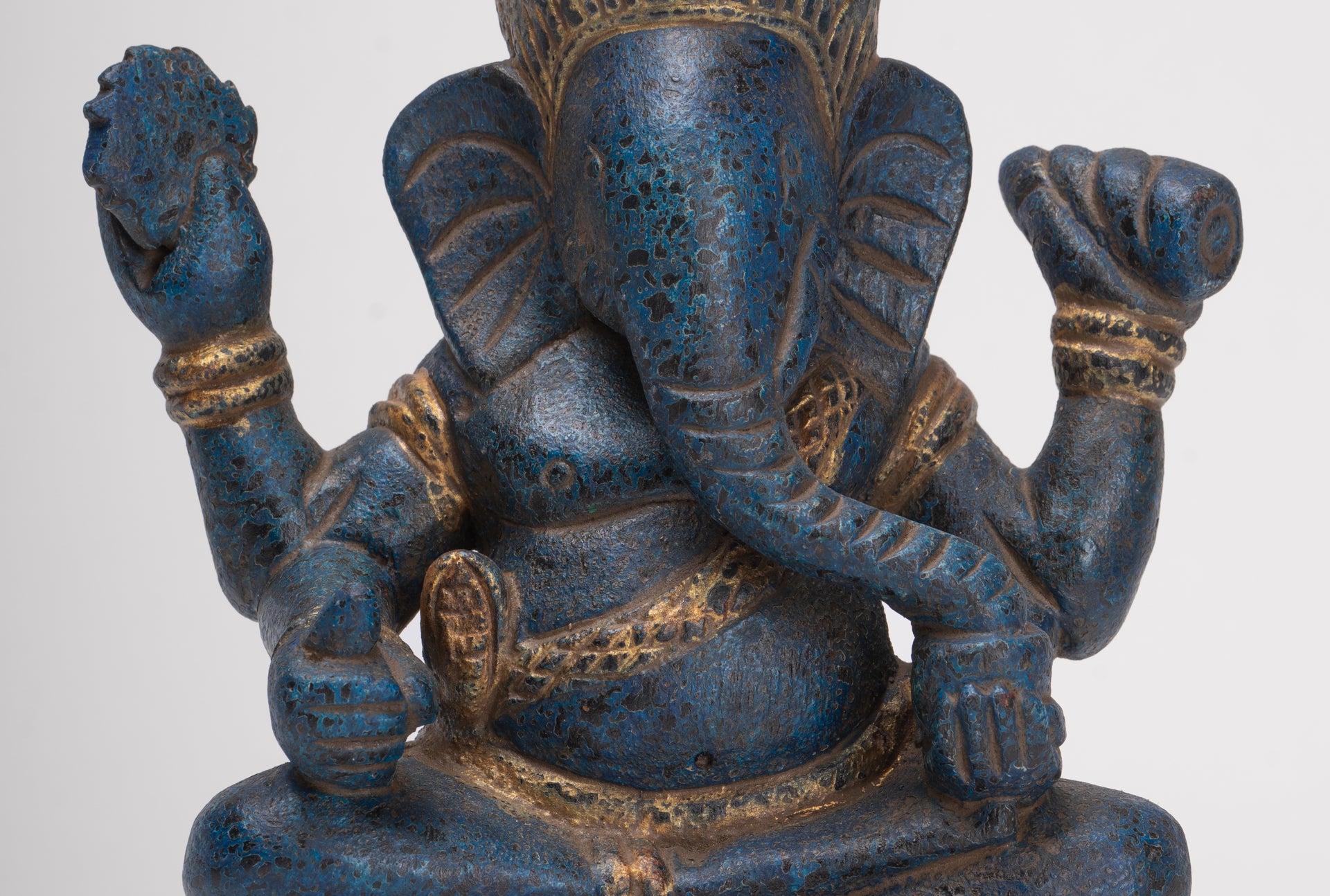 Ganesh Statue - Antique Khmer Style Seated Wood Ganesha Statue - 22cm/9"