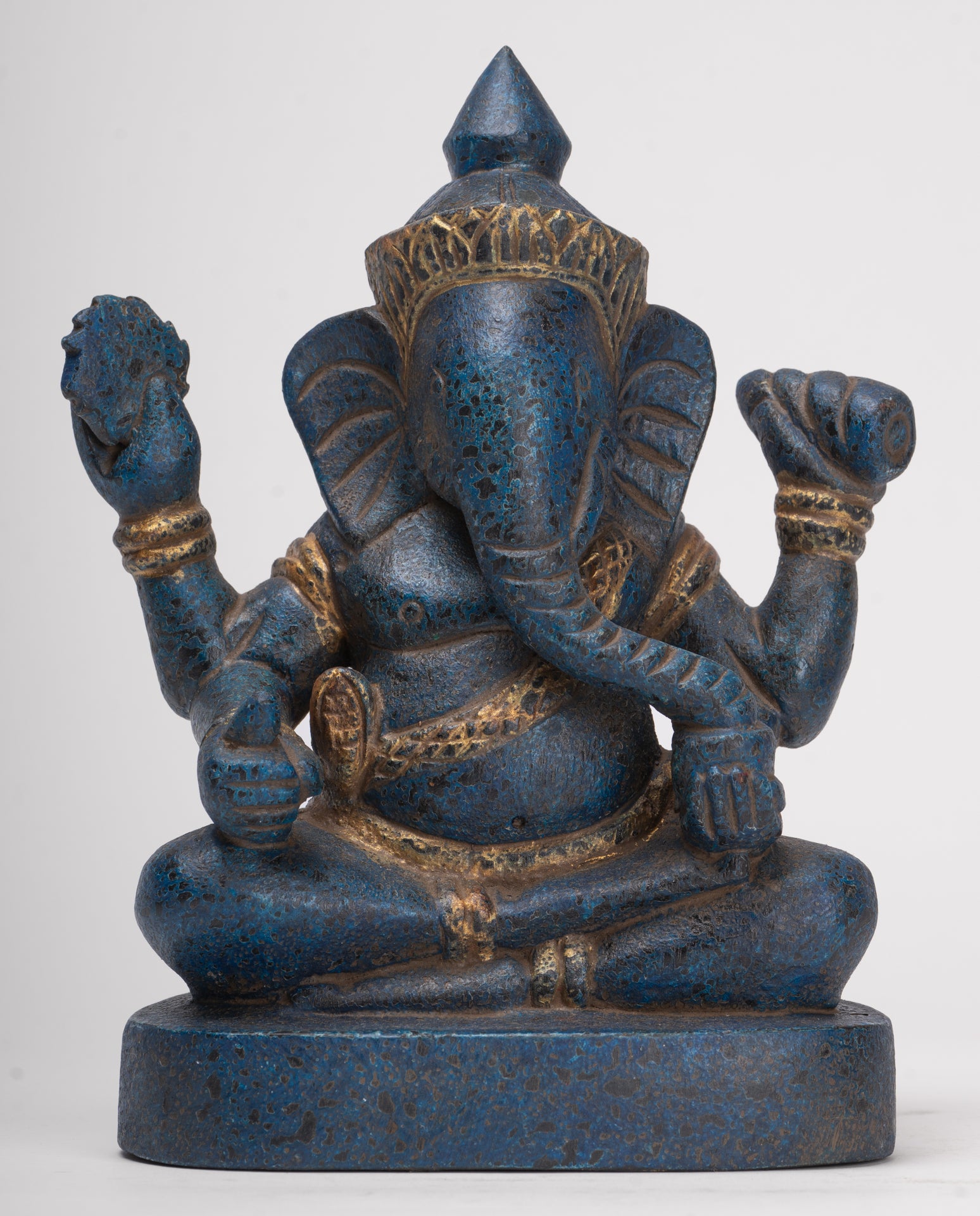 Ganesh Statue - Antique Khmer Style Seated Wood Ganesha Statue - 22cm/9"