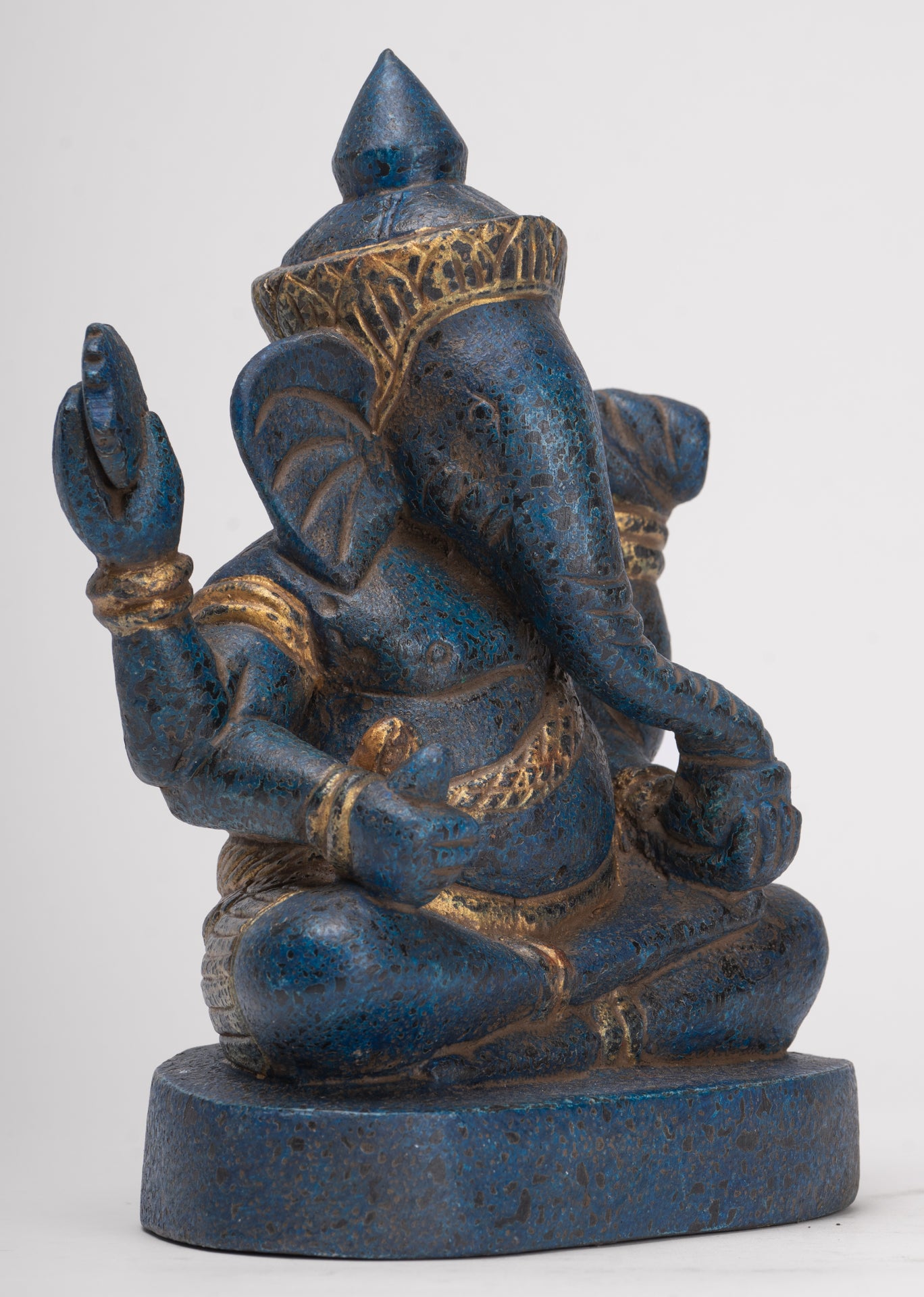 Ganesh Statue - Antique Khmer Style Seated Wood Ganesha Statue - 22cm/9"
