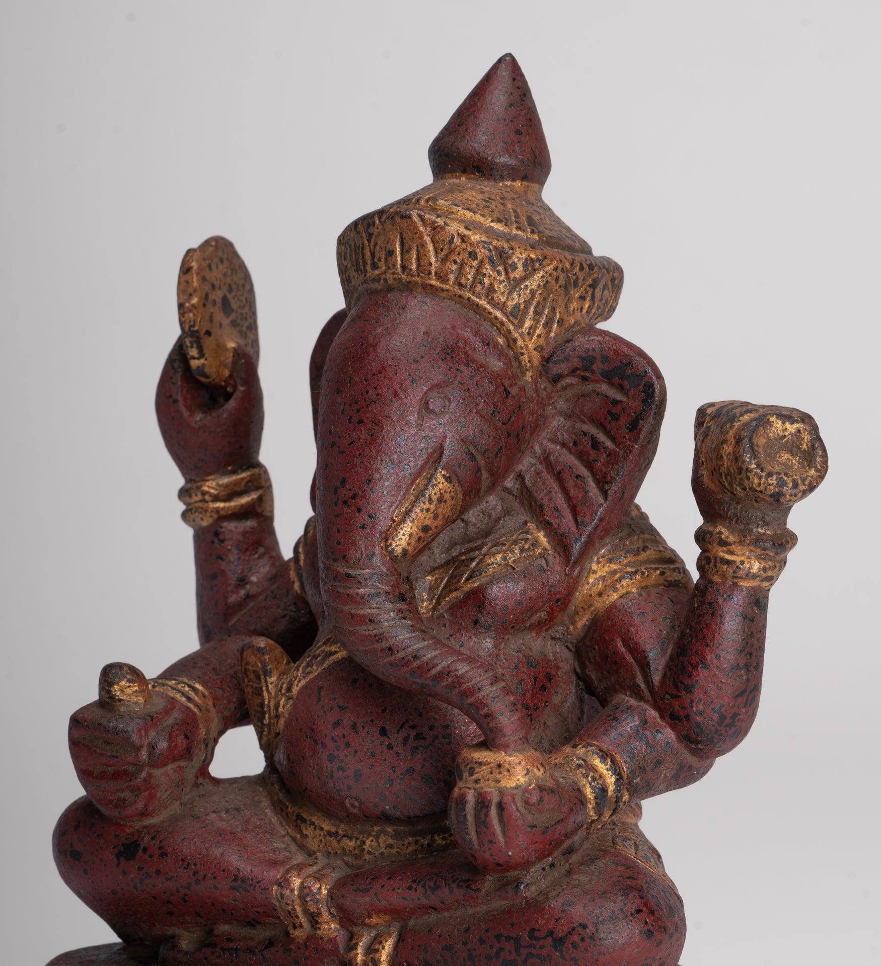Ganesh Statue - Antique Khmer Style Seated Wood Ganesha Statue - 22cm/9"