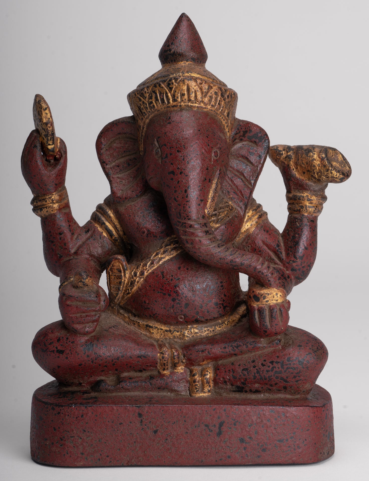 Ganesh Statue - Antique Khmer Style Seated Wood Ganesha Statue - 22cm/9"