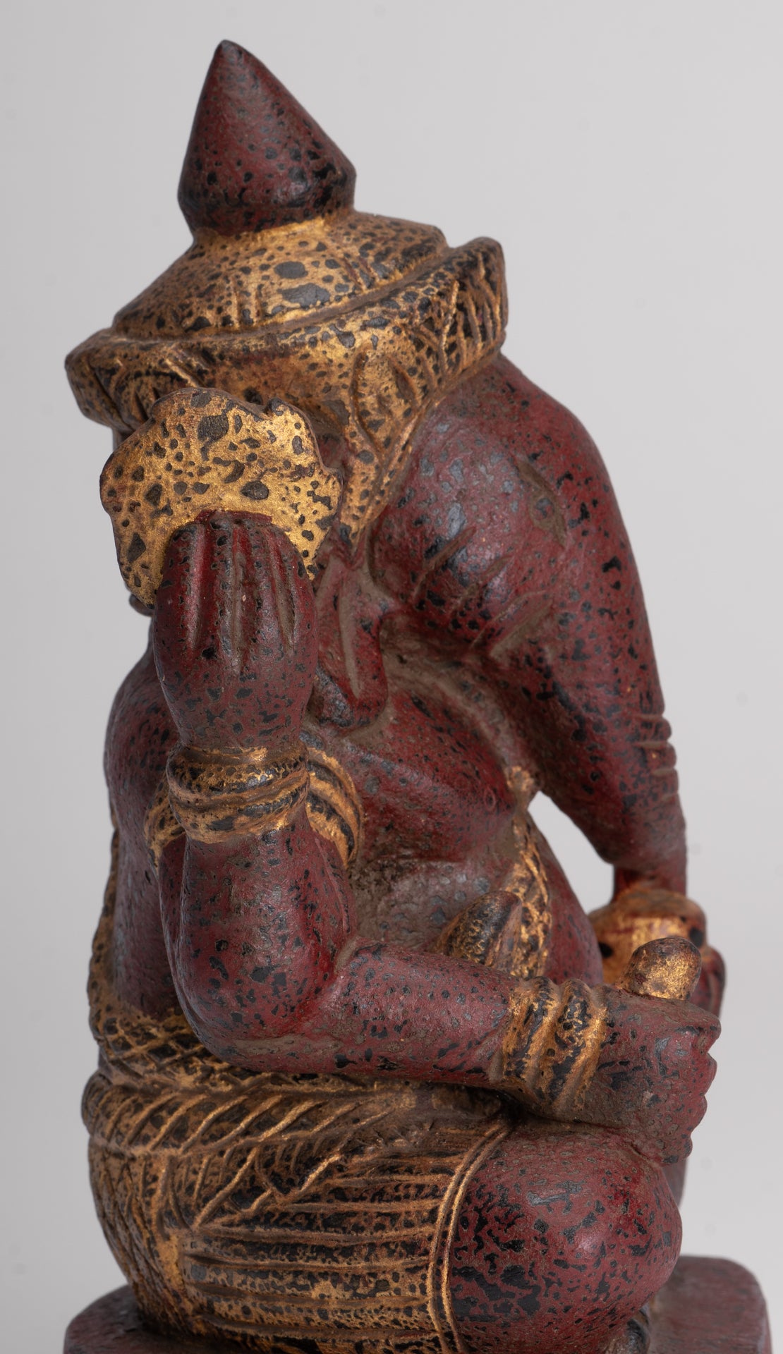 Ganesh Statue - Antique Khmer Style Seated Wood Ganesha Statue - 22cm/9"