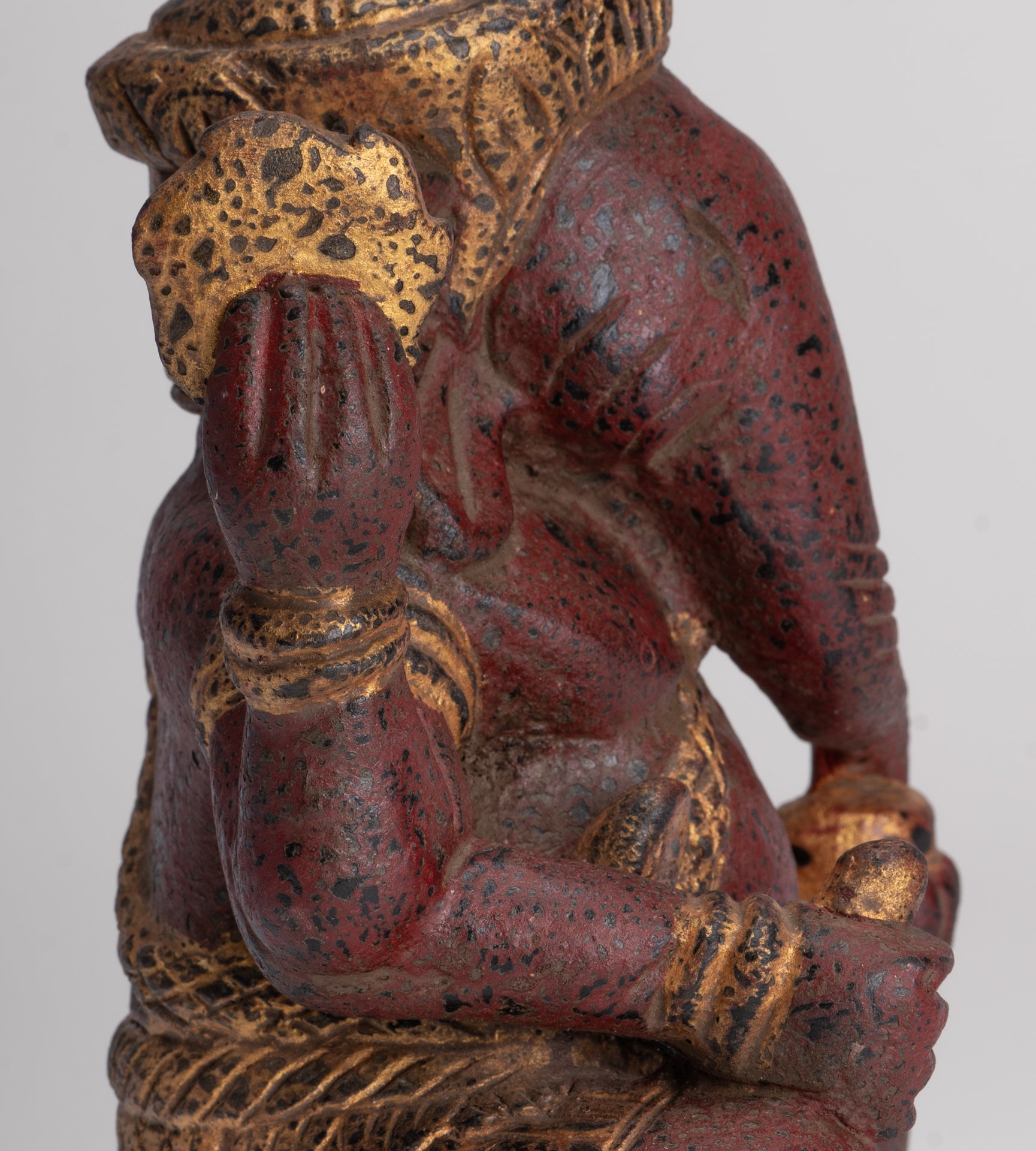 Ganesh Statue - Antique Khmer Style Seated Wood Ganesha Statue - 22cm/9"