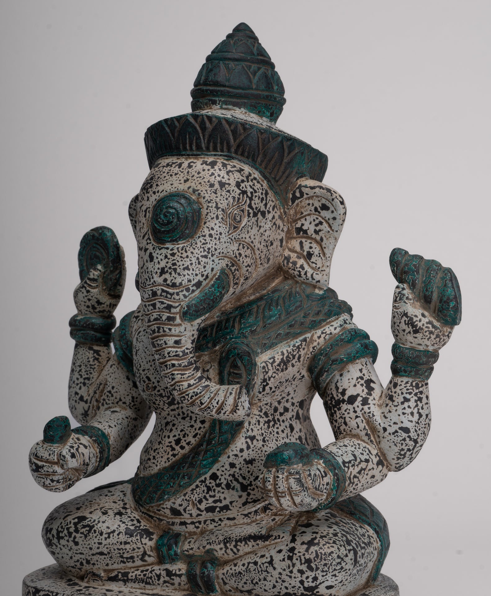 Ganesh Statue - Antique Khmer Style Seated Wood Ganesha Statue - 34cm/14"