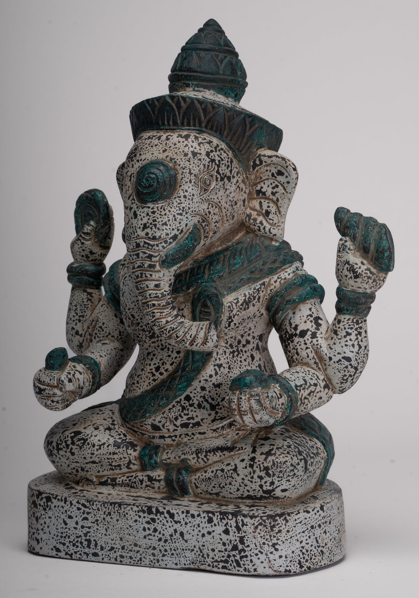Ganesh Statue - Antique Khmer Style Seated Wood Ganesha Statue - 34cm/14"