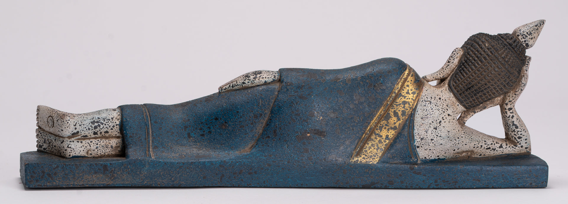 Buddha Statue - Antique Khmer Style SE Asia Wood Reclining Nirvana Buddha Statue - 42cm/17" Long