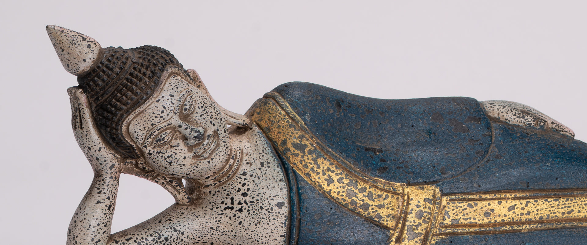 Buddha Statue - Antique Khmer Style SE Asia Wood Reclining Nirvana Buddha Statue - 42cm/17" Long