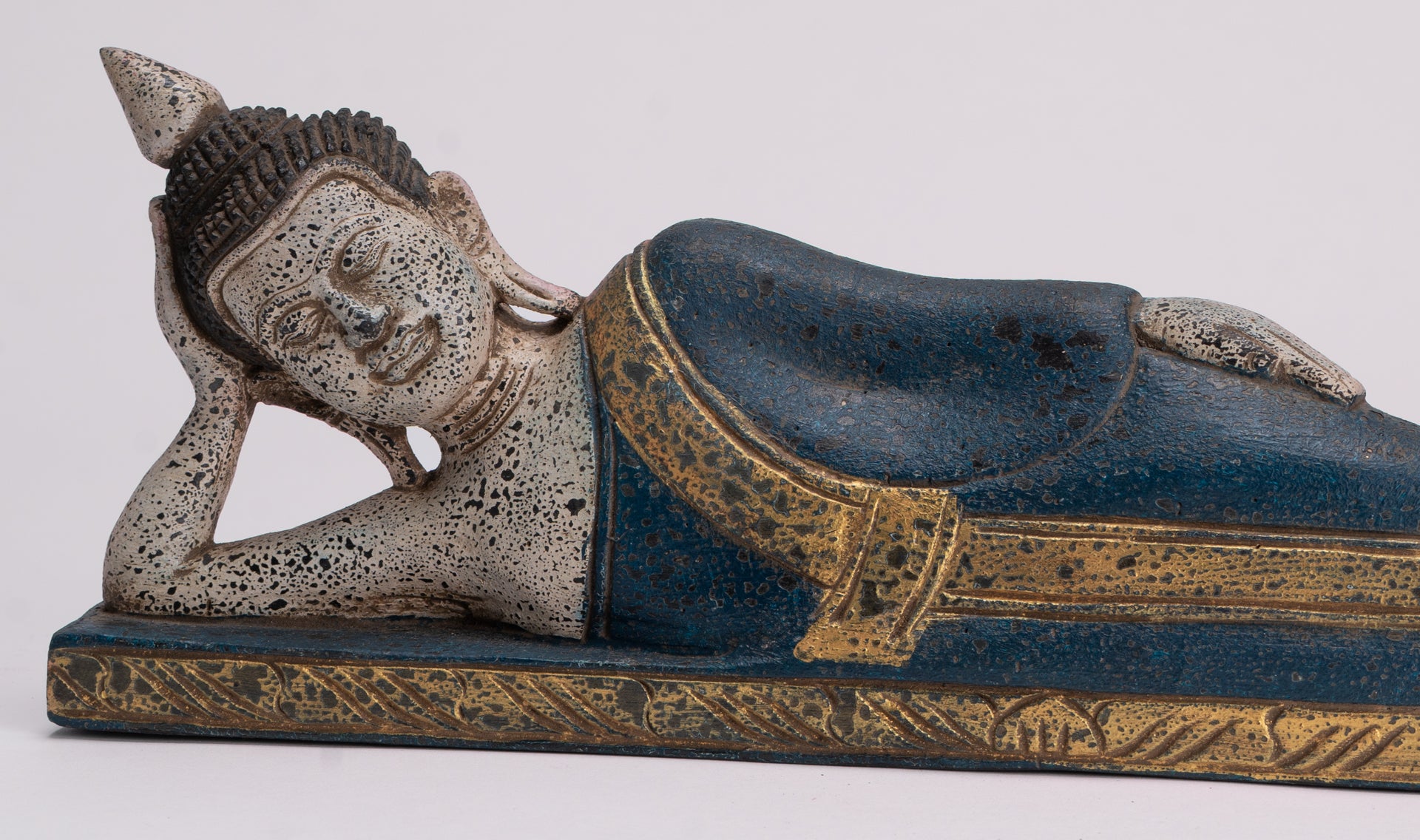 Buddha Statue - Antique Khmer Style SE Asia Wood Reclining Nirvana Buddha Statue - 42cm/17" Long
