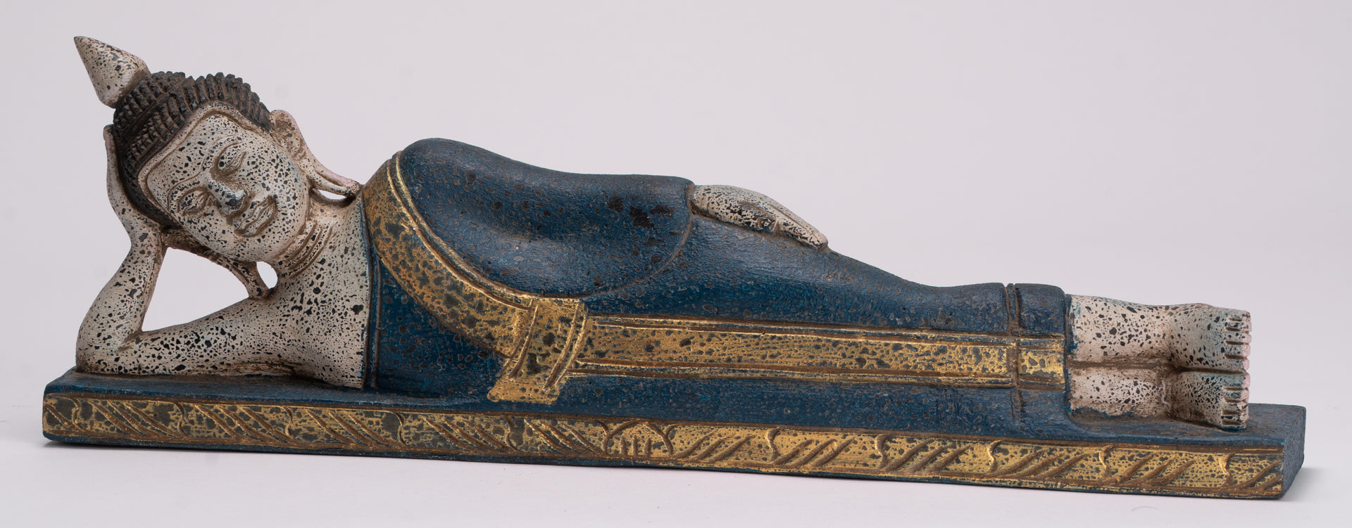 Buddha Statue - Antique Khmer Style SE Asia Wood Reclining Nirvana Buddha Statue - 42cm/17" Long