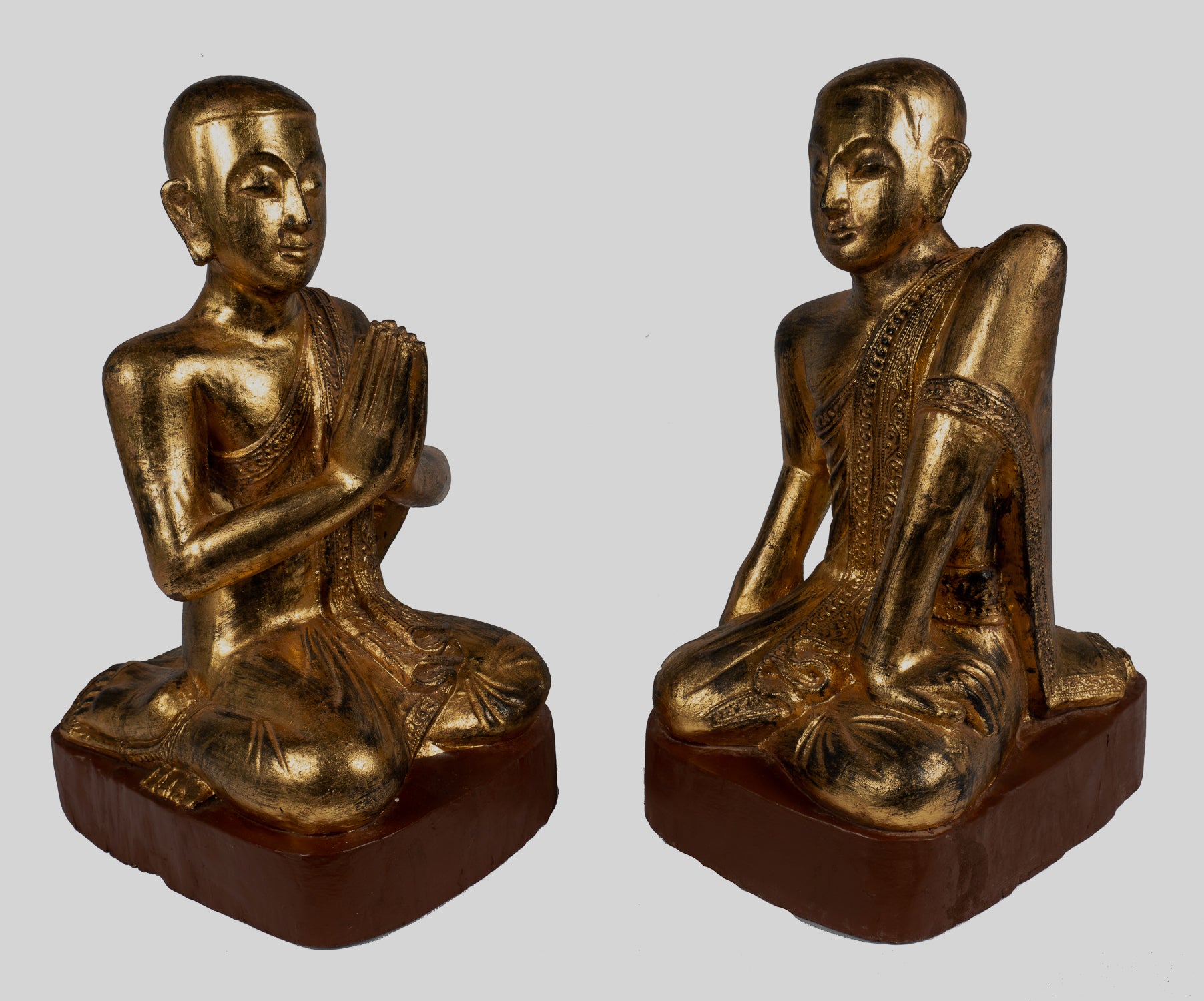 Statue di discepolo antico - Statue Buddha in ginocchio in ginocchio in legno Burmese Antique (coppia) - 50 cm/20 "
