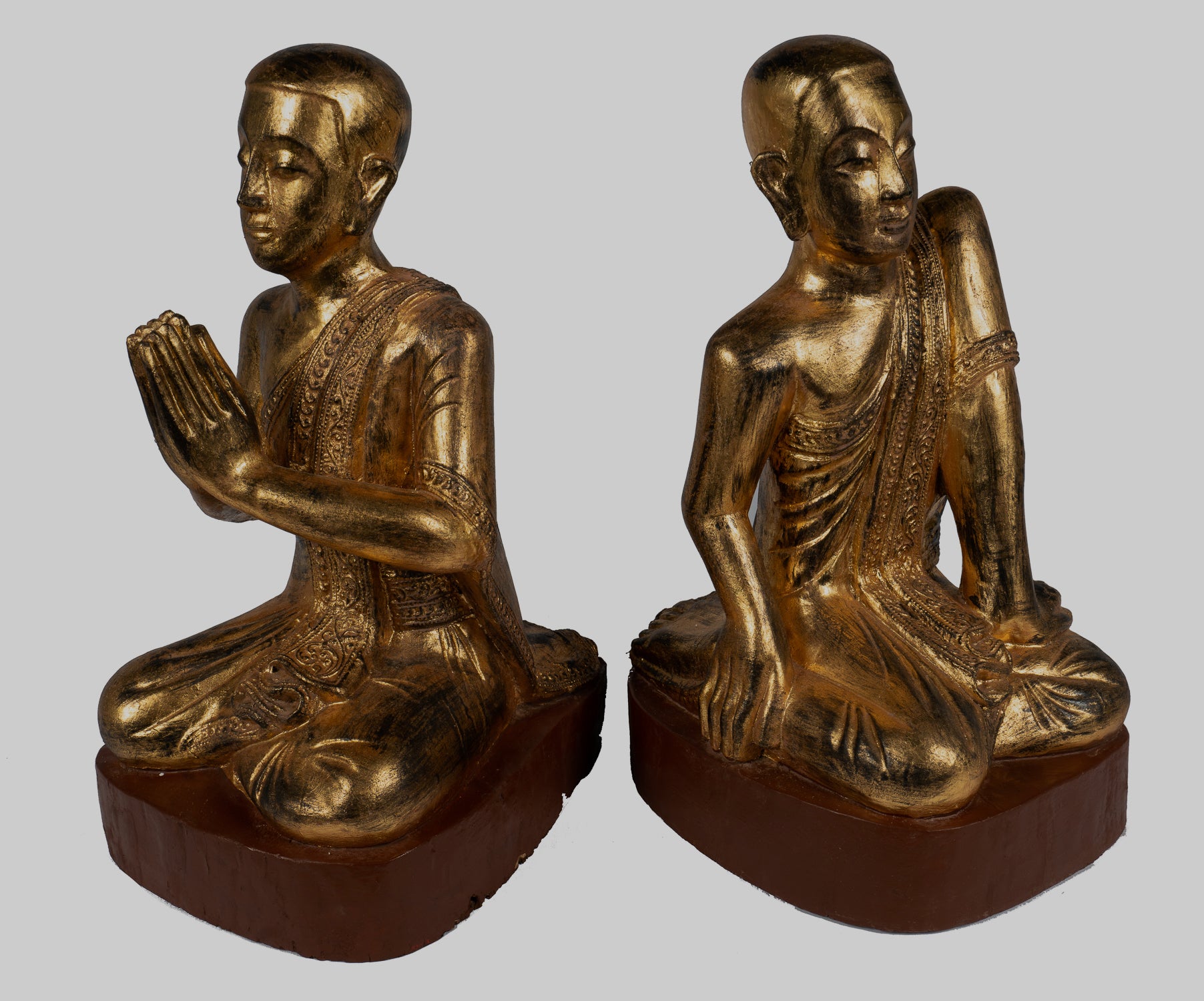 Statue di discepolo antico - Statue Buddha in ginocchio in ginocchio in legno Burmese Antique (coppia) - 50 cm/20 "