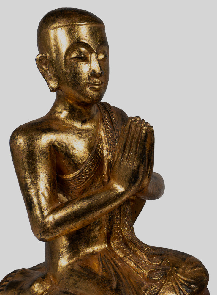 Statue di discepolo antico - Statue Buddha in ginocchio in ginocchio in legno Burmese Antique (coppia) - 50 cm/20 "
