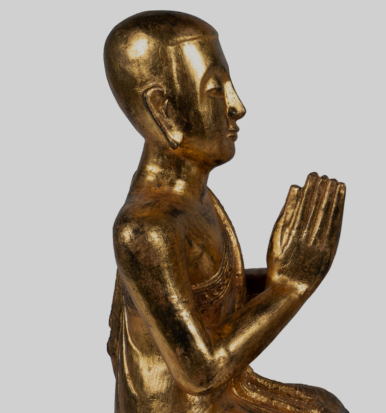 Statue di discepolo antico - Statue Buddha in ginocchio in ginocchio in legno Burmese Antique (coppia) - 50 cm/20 "