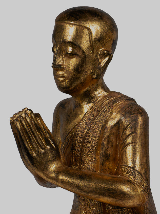 Statue di discepolo antico - Statue Buddha in ginocchio in ginocchio in legno Burmese Antique (coppia) - 50 cm/20 "