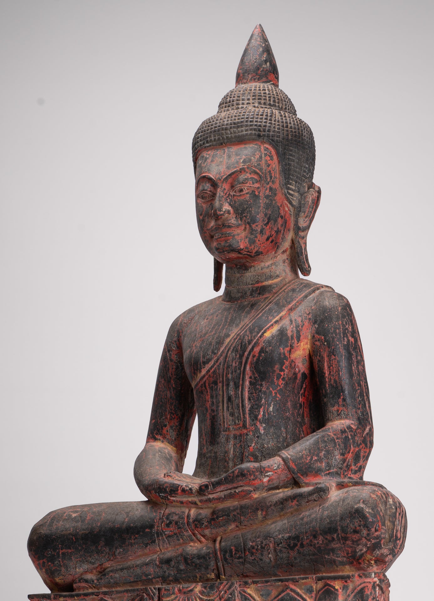 Buddha Statue - Antique Khmer Style SE Asia Seated Wood Meditation Buddha Statue - 85cm/34"