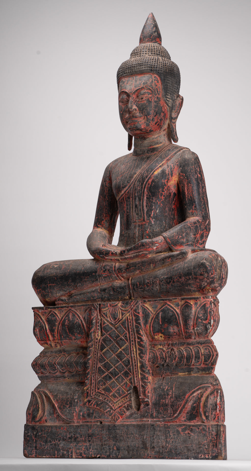Buddha Statue - Antique Khmer Style SE Asia Seated Wood Meditation Buddha Statue - 85cm/34"