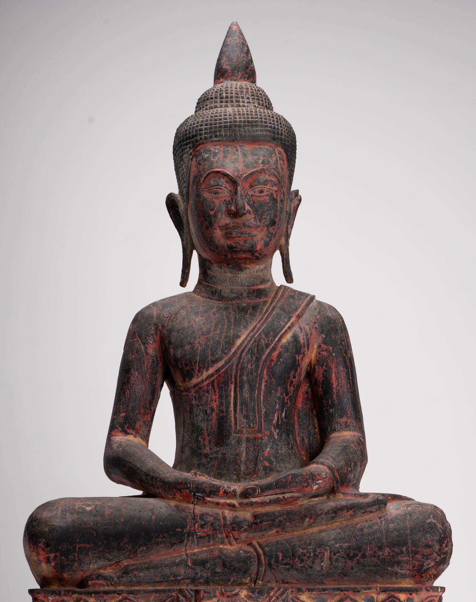 Buddha Statue - Antique Khmer Style SE Asia Seated Wood Meditation Buddha Statue - 85cm/34"