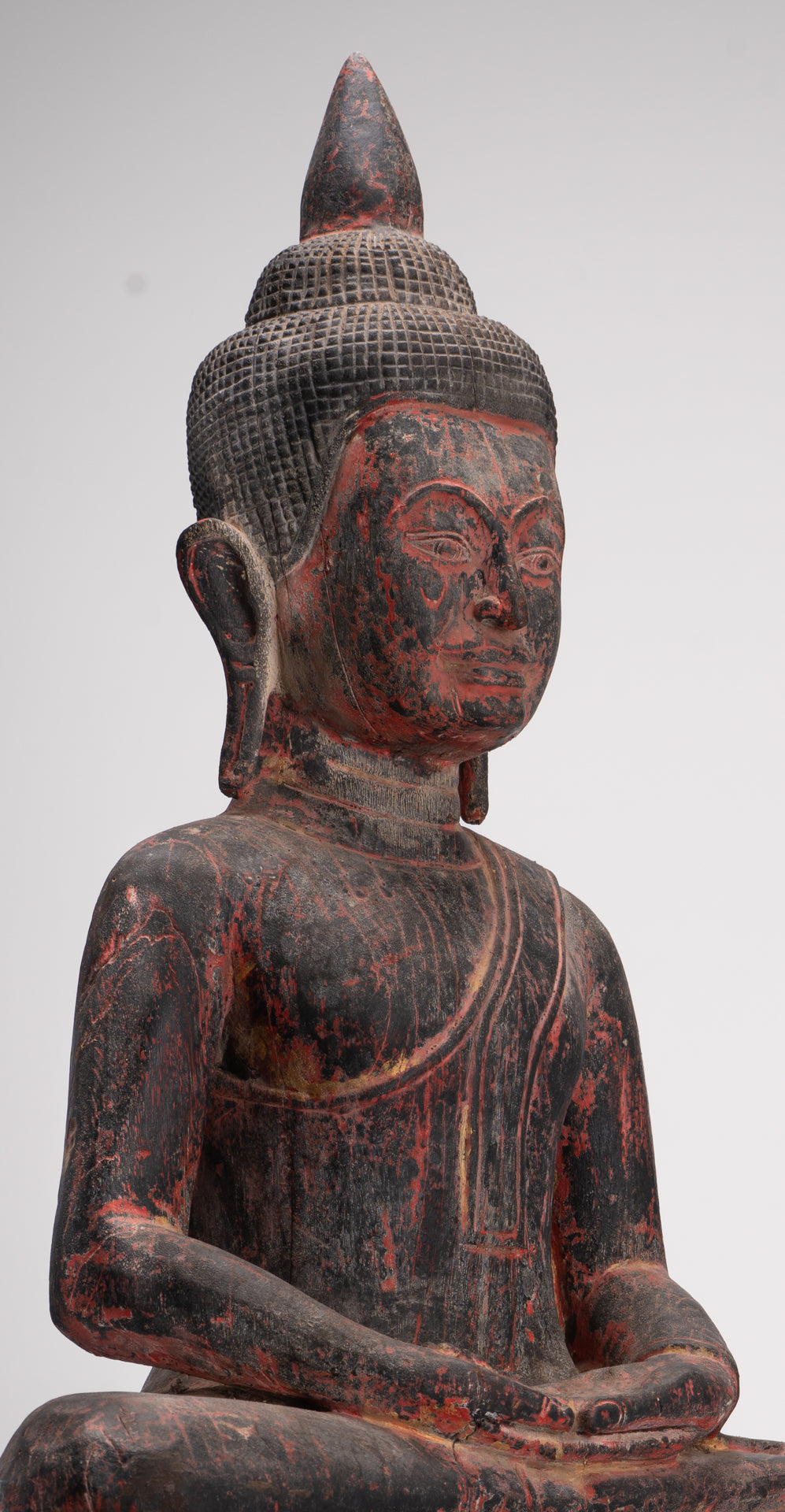 Buddha Statue - Antique Khmer Style SE Asia Seated Wood Meditation Buddha Statue - 85cm/34"