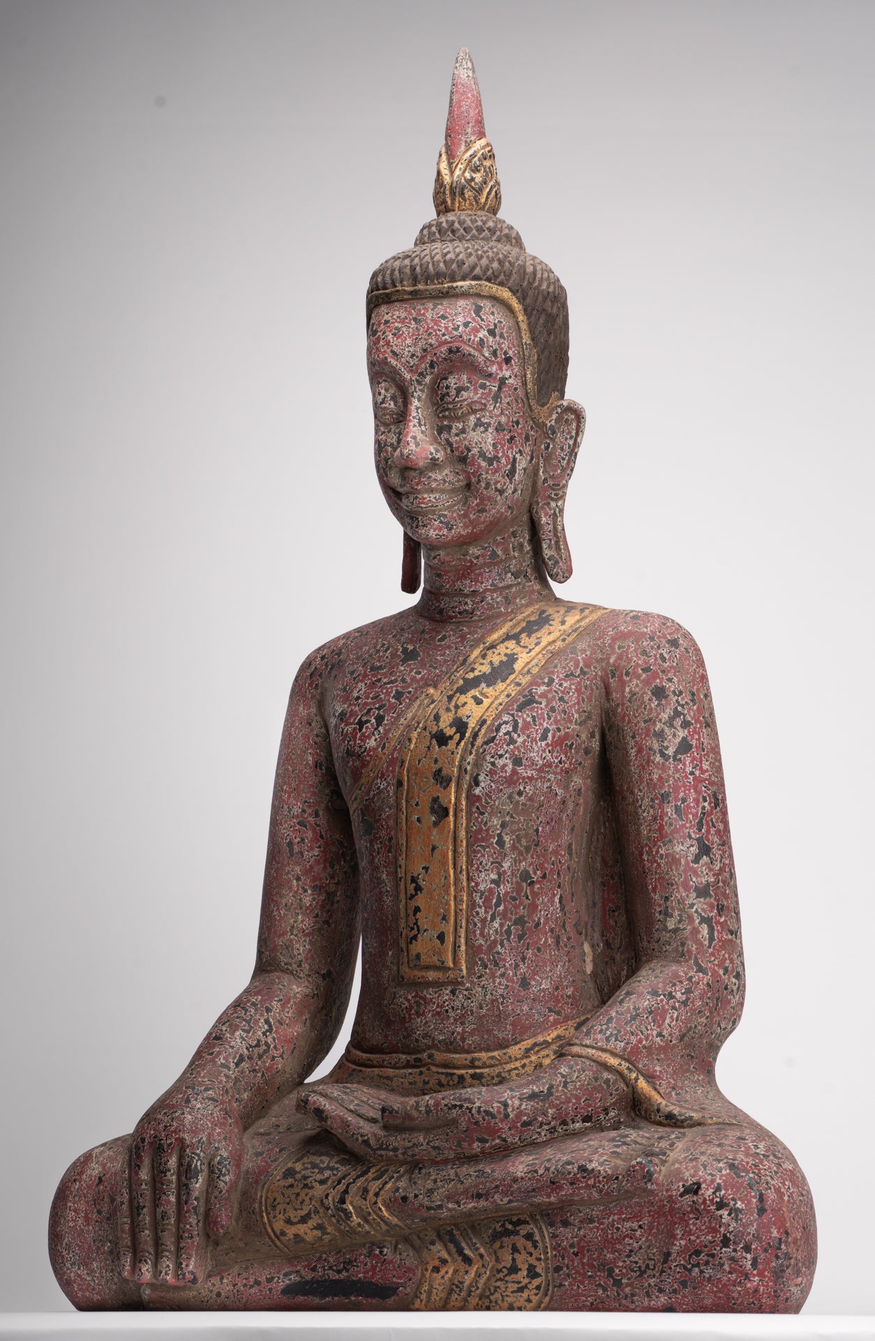 Buddha Statue - Antique Khmer Style SE Asia Seated Wood Enlightenment Buddha Statue - 81cm/32"