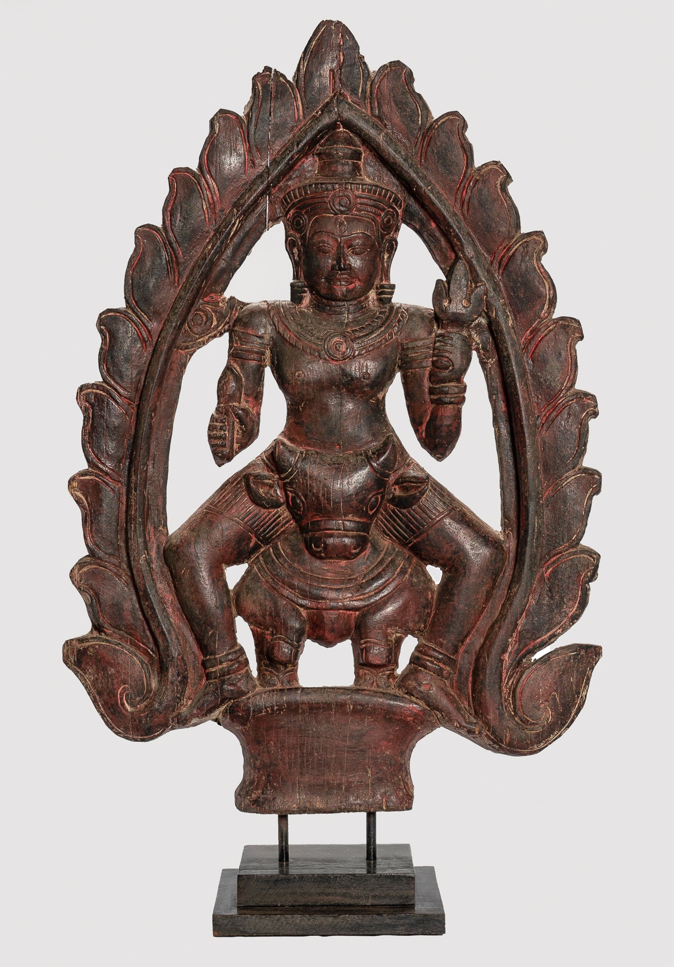 Shiva Statue - Antique Khmer Style SE Asia Wood Bas Relief Nandi & Shiva Statue - 105cm/42"
