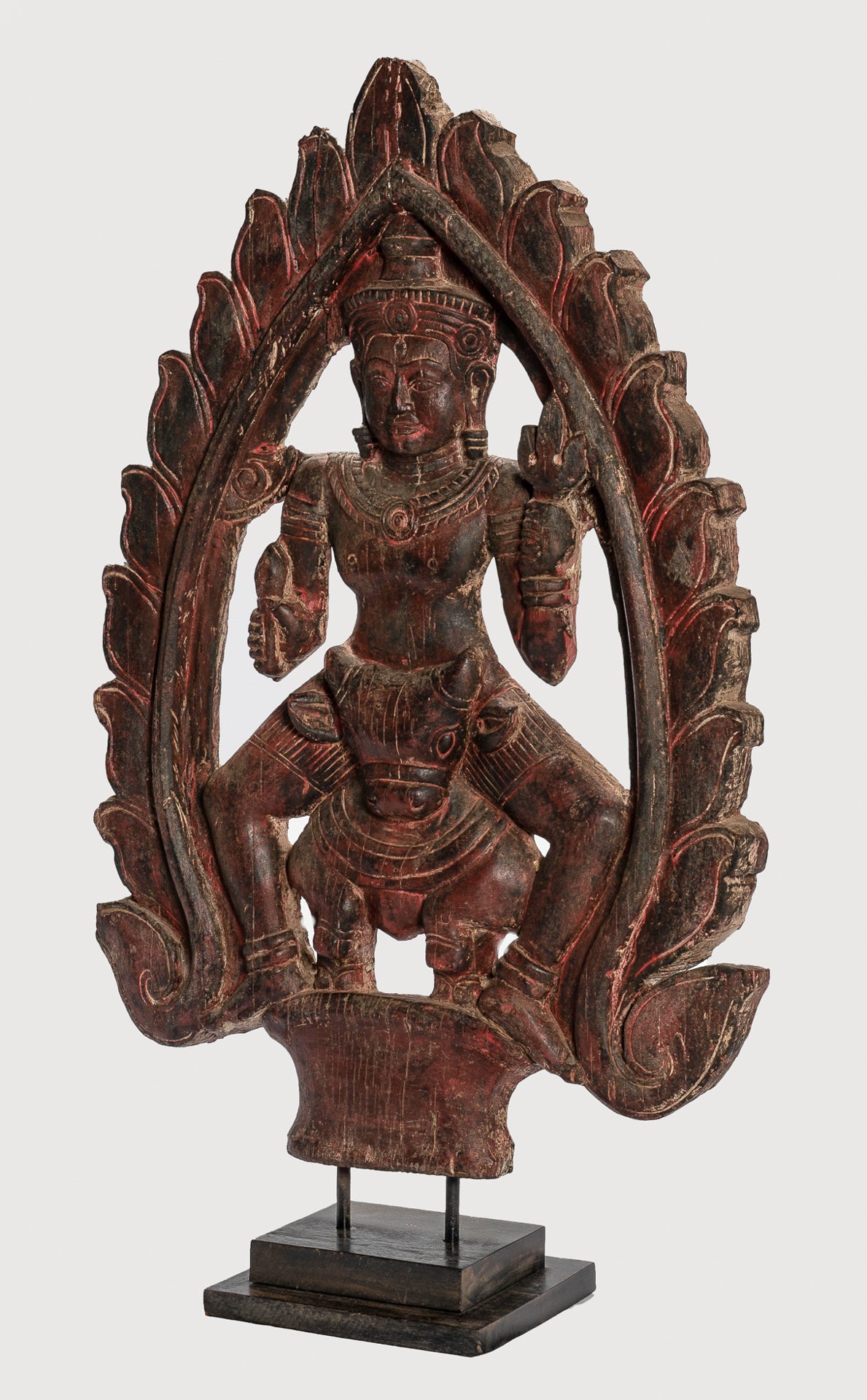 Shiva Statue - Antique Khmer Style SE Asia Wood Bas Relief Nandi & Shiva Statue - 105cm/42"