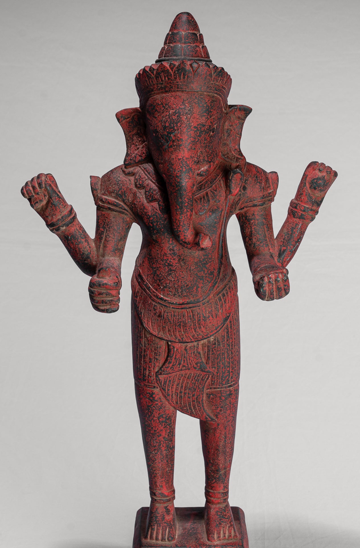 Ganesha Statue - Antique Bayon Style Standing Khmer Red Wood Standing Ganesha Statue - 60cm/24"