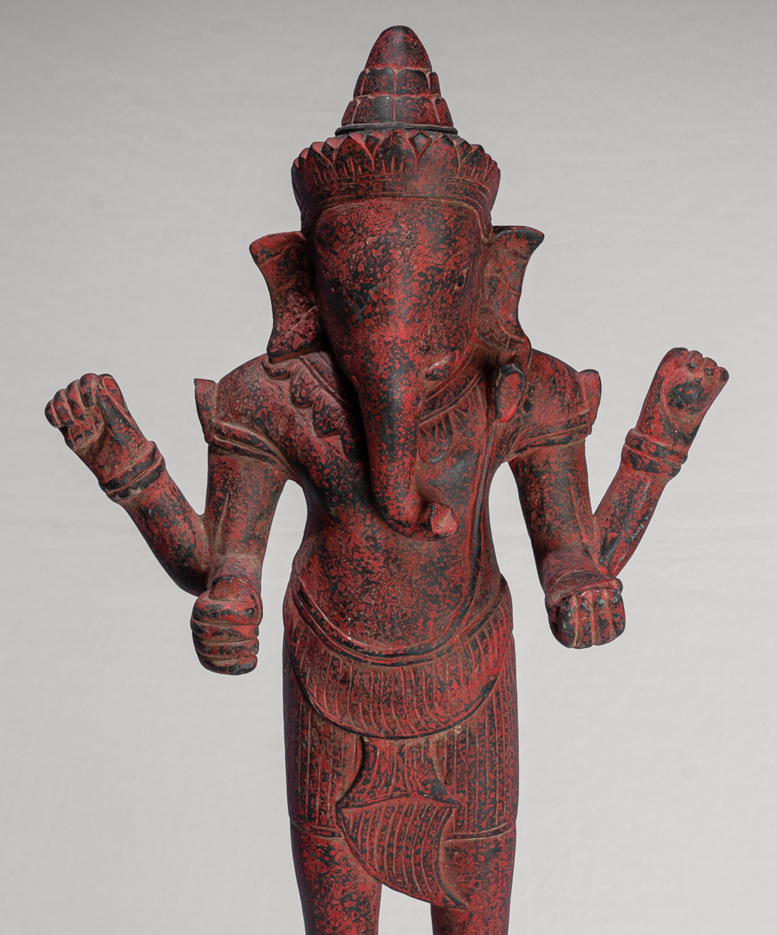 Ganesha Statue - Antique Bayon Style Standing Khmer Red Wood Standing Ganesha Statue - 60cm/24"