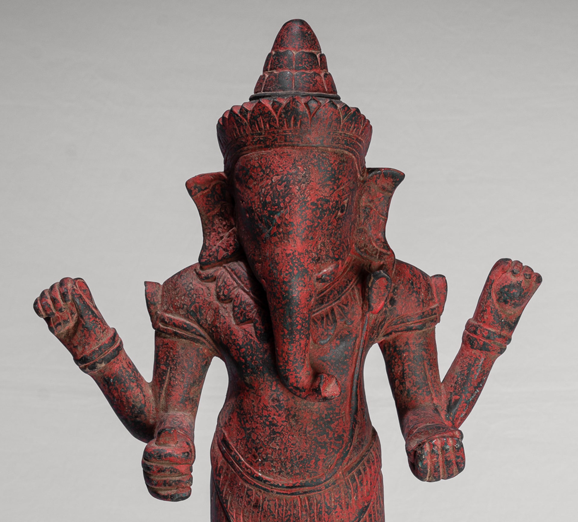 Ganesha Statue - Antique Bayon Style Standing Khmer Red Wood Standing Ganesha Statue - 60cm/24"