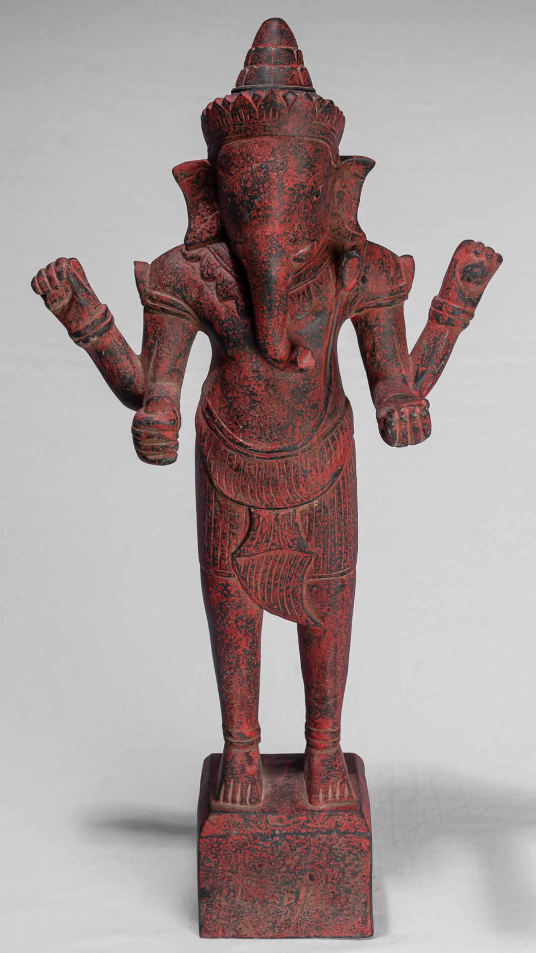 Ganesha Statue - Antique Bayon Style Standing Khmer Red Wood Standing Ganesha Statue - 60cm/24"