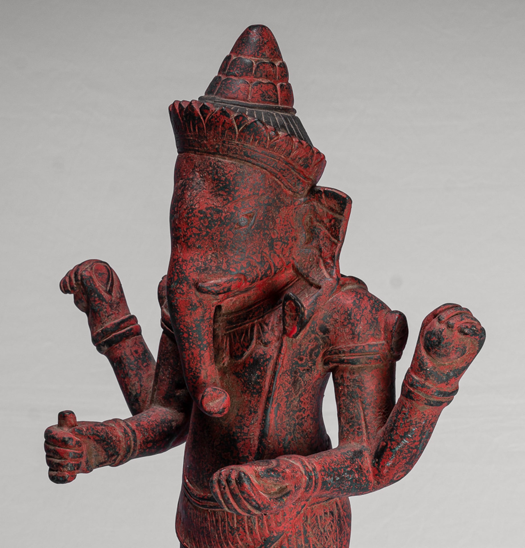 Ganesha Statue - Antique Bayon Style Standing Khmer Red Wood Standing Ganesha Statue - 60cm/24"