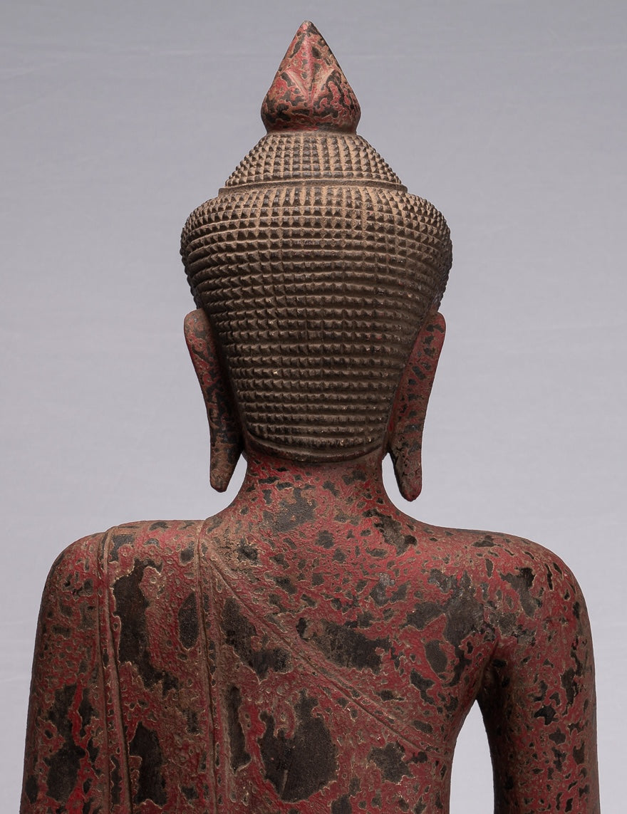 Buddha Sculpture - Antique Khmer Style Seated Wood Buddha Statue Meditation Mudra - 66cm/26"