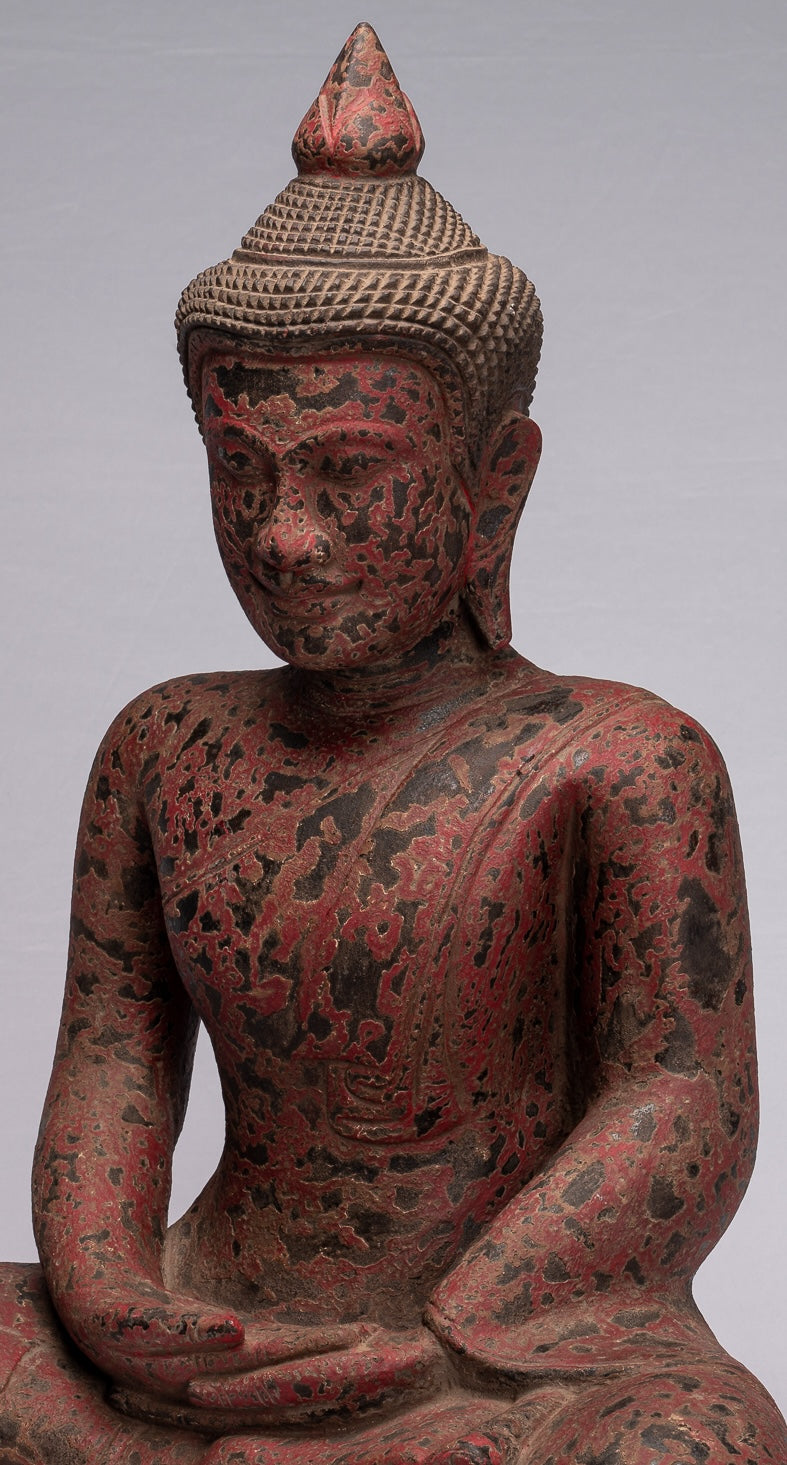 Buddha Sculpture - Antique Khmer Style Seated Wood Buddha Statue Meditation Mudra - 66cm/26"