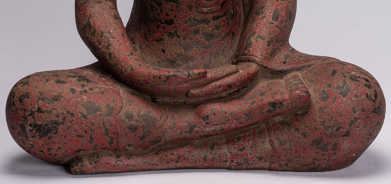 Buddha Sculpture - Antique Khmer Style Seated Wood Buddha Statue Meditation Mudra - 66cm/26"