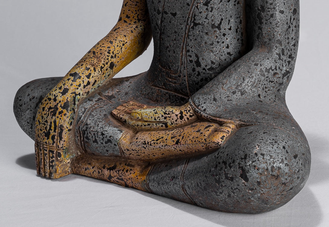 Buddha Statue - Antique Khmer Style SE Asia Seated Wood Enlightenment Buddha Statue - 45cm/18"